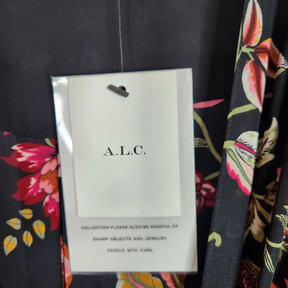 A.L.C. Dress Womens 10 Black Floral Haven Ruched Silk Long‎ Sleeve NWT Flaw $595 - Picture 15 of 16